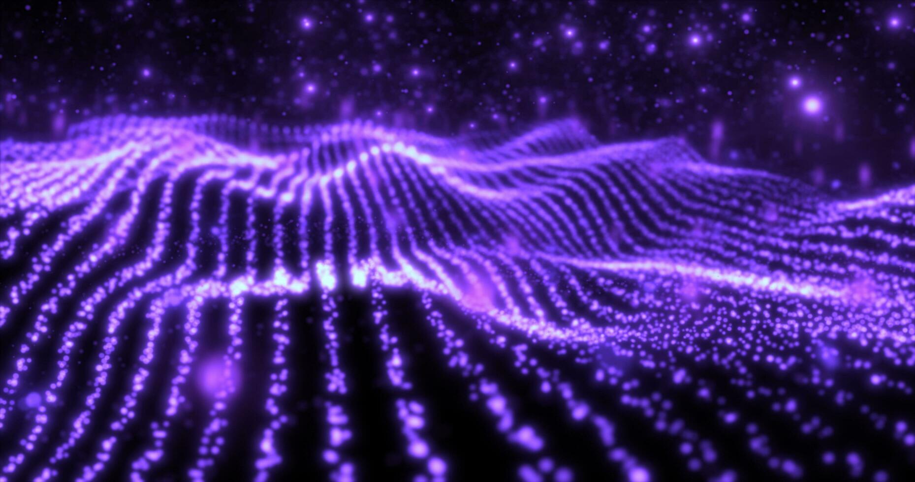 Abstract purple wave lines from particles and dots of energetic magic with glow effect and blur bokeh abstract background photo