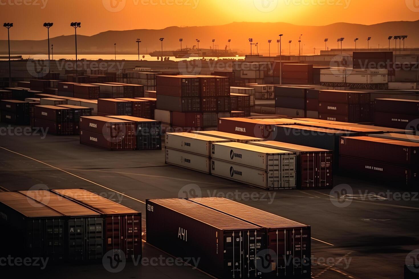 Storage At Port With Containers At Sunset. photo