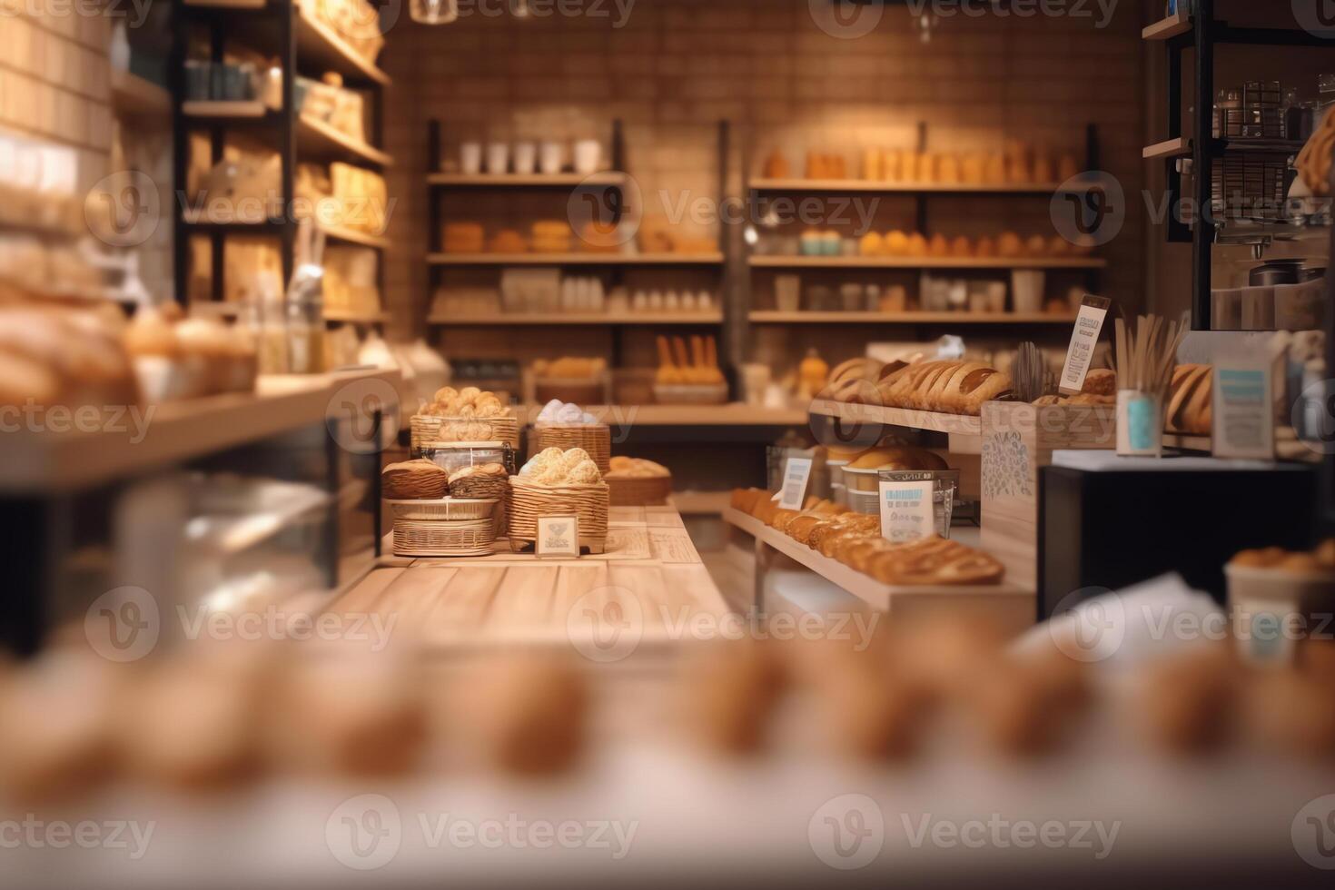 Blurred organic ecofriendly vegan grocery bakery store with wooden wall parquet floor variety of bread bun snack on shelf healthy shopping lifestyle interior design decoration background. photo