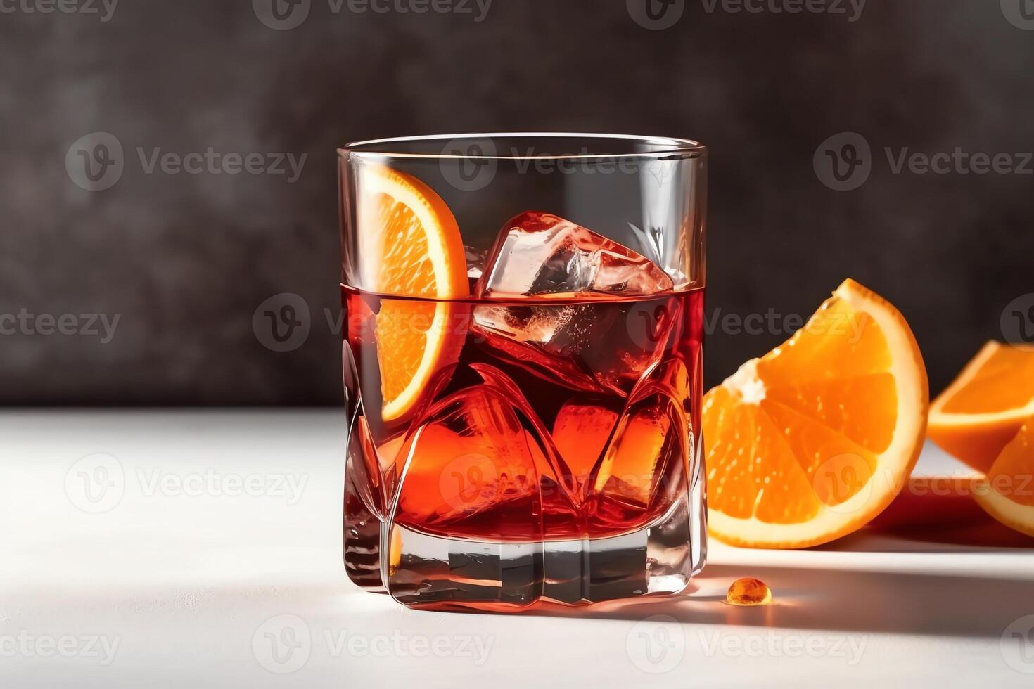 On a white backdrop a negroni cocktail in a crystal glass with ice cubes and an orange slice. photo