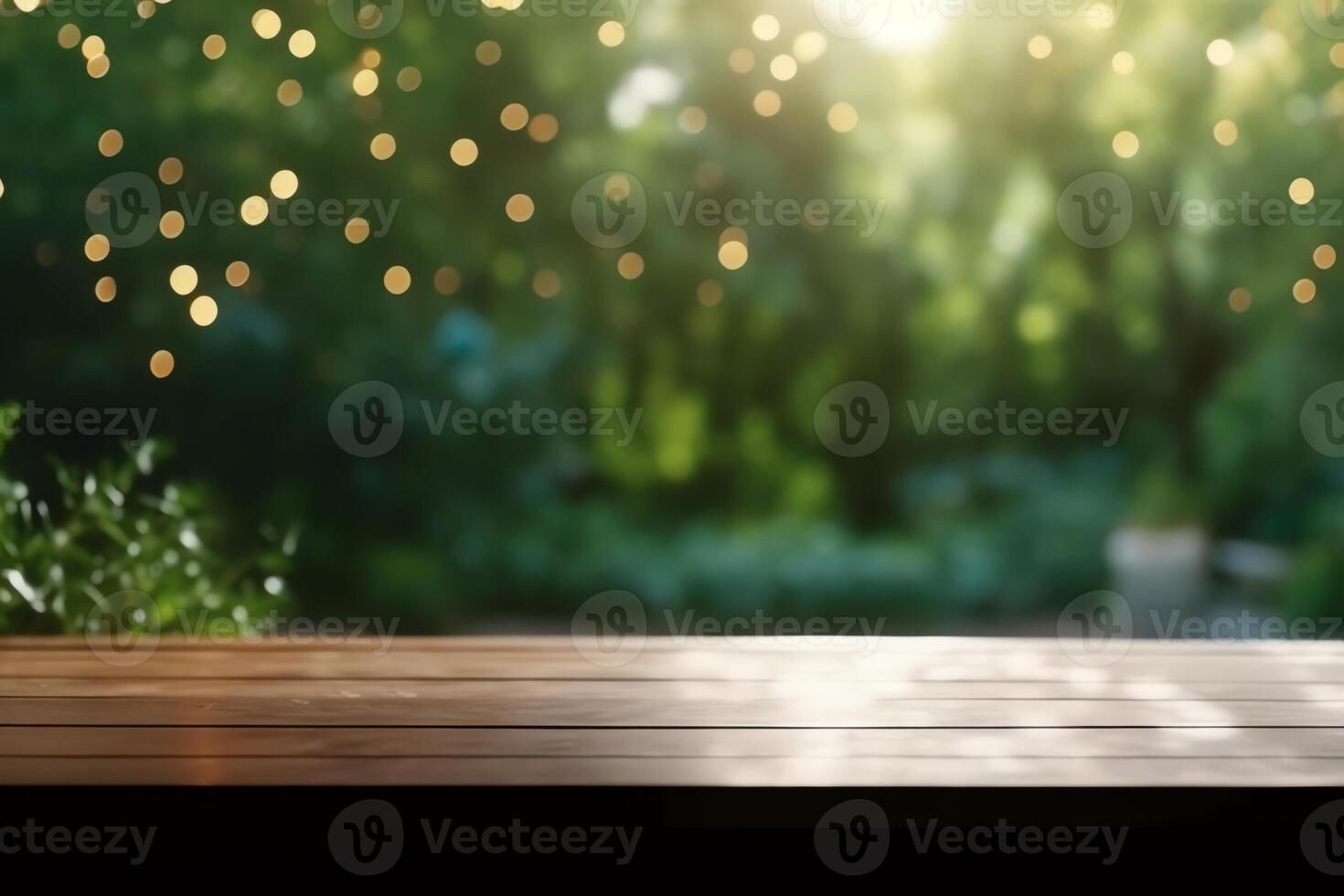 Empty white wooden table top with out of focus lights bokeh green garden background behind window and green plant. photo