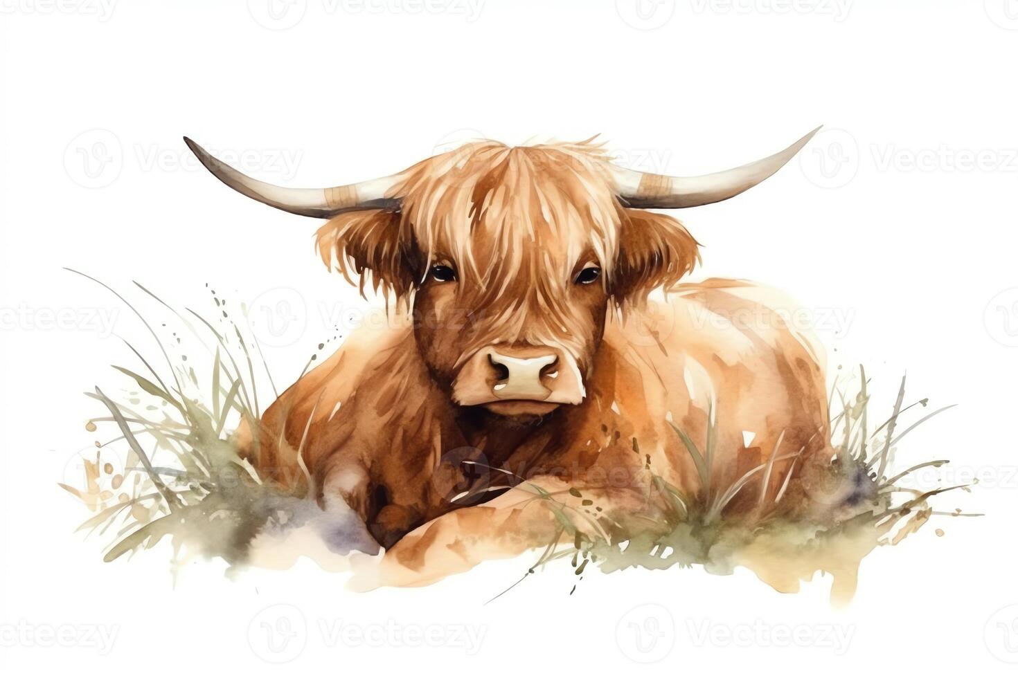 Watercolor highland cow illustration with haystack and green grass isolated on white background summer design. photo