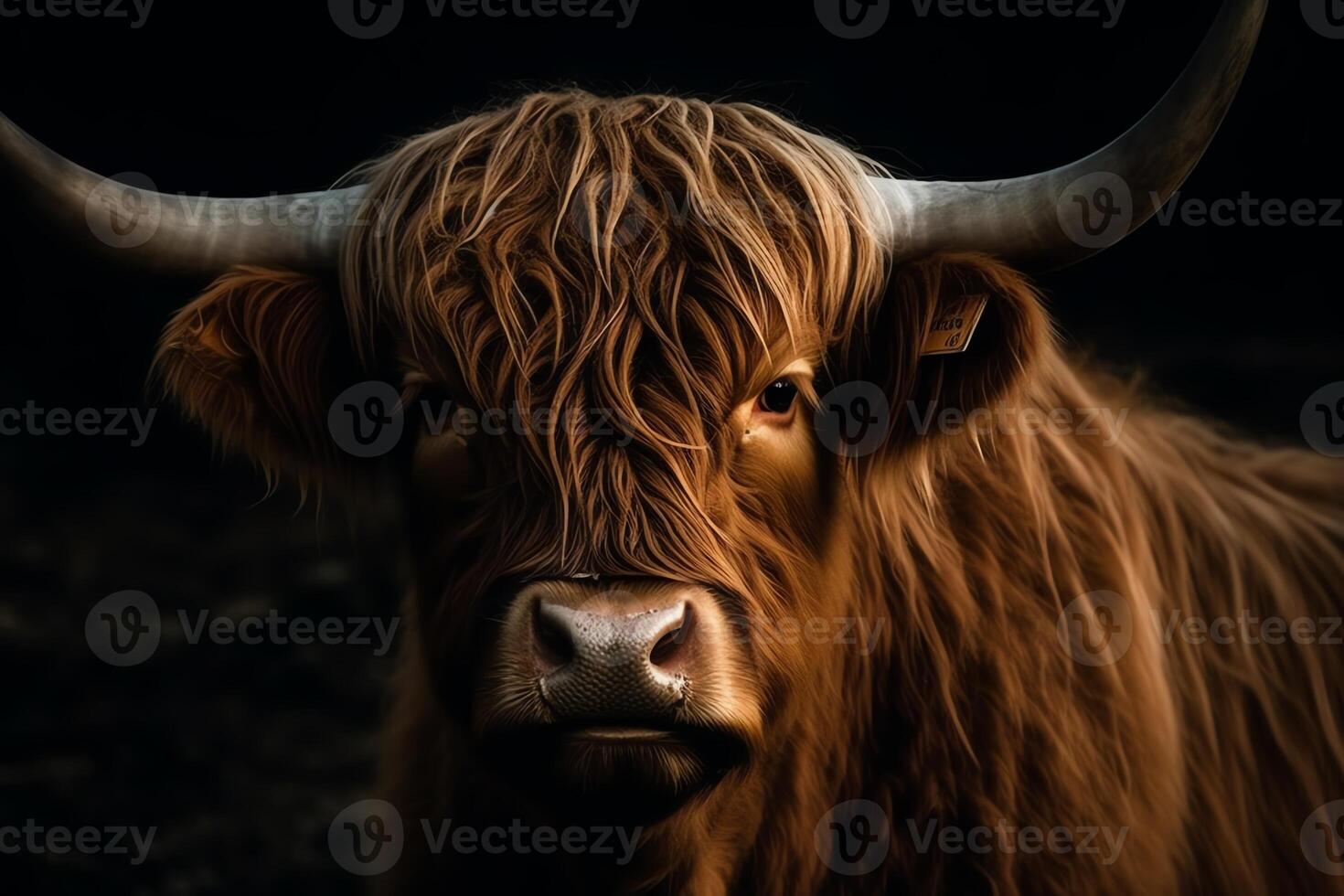 Portrait of a brown scottish highland cattle cow with long horns. photo