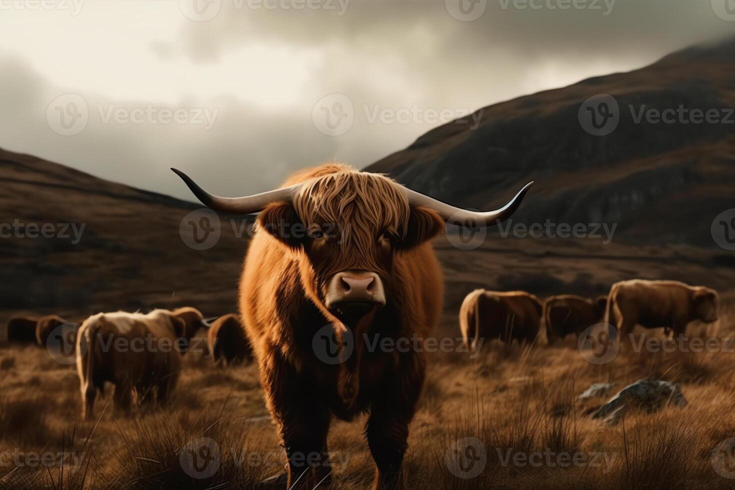 Large highland cattle in a meadow in top of a hill beautiful dramatic scenery. photo