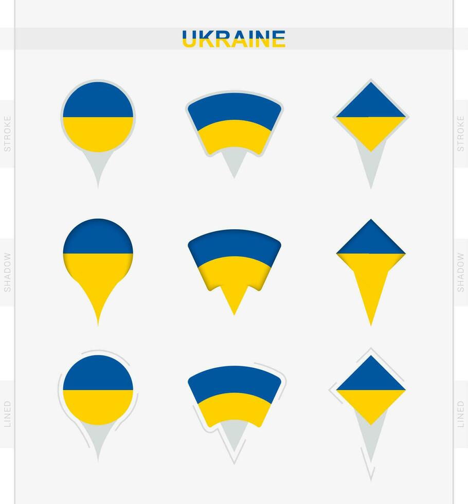 Ukraine flag, set of location pin icons of Ukraine flag. vector