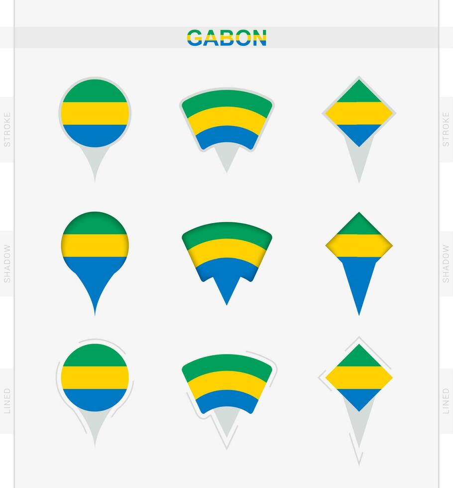 Gabon flag, set of location pin icons of Gabon flag. vector