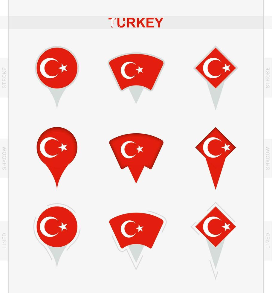 Turkey flag, set of location pin icons of Turkey flag. vector