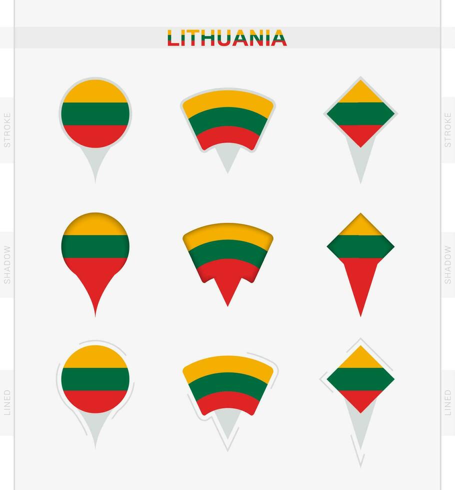 Lithuania flag, set of location pin icons of Lithuania flag. vector