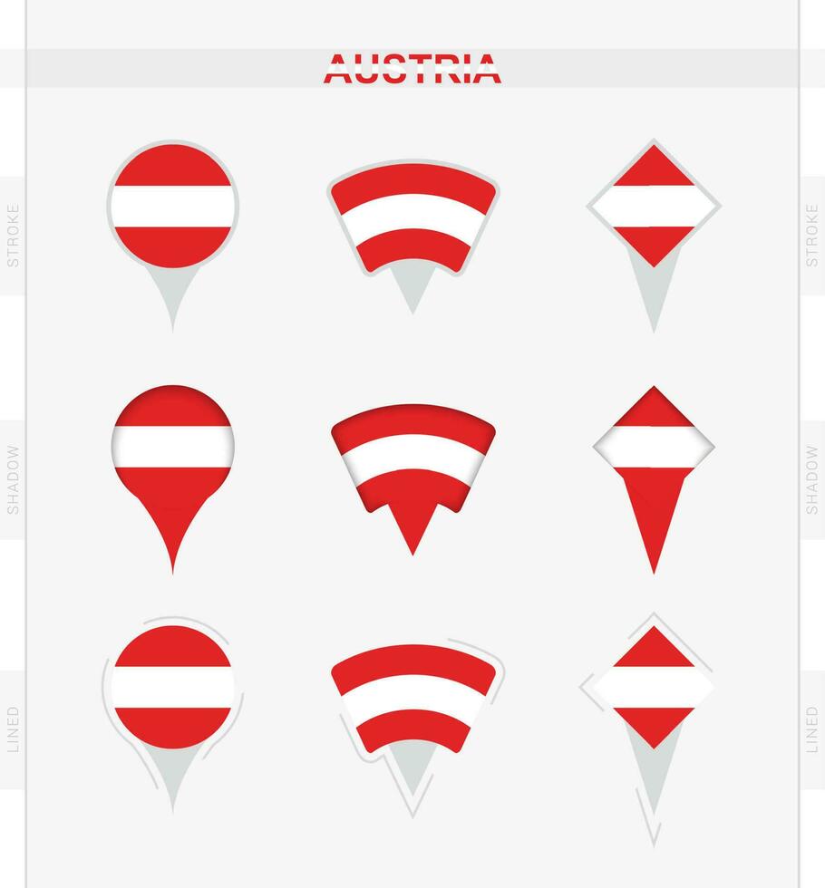 Austria bandera, conjunto de ubicación alfiler íconos de Austria bandera. vector