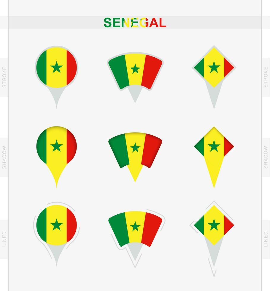 Senegal flag, set of location pin icons of Senegal flag. vector