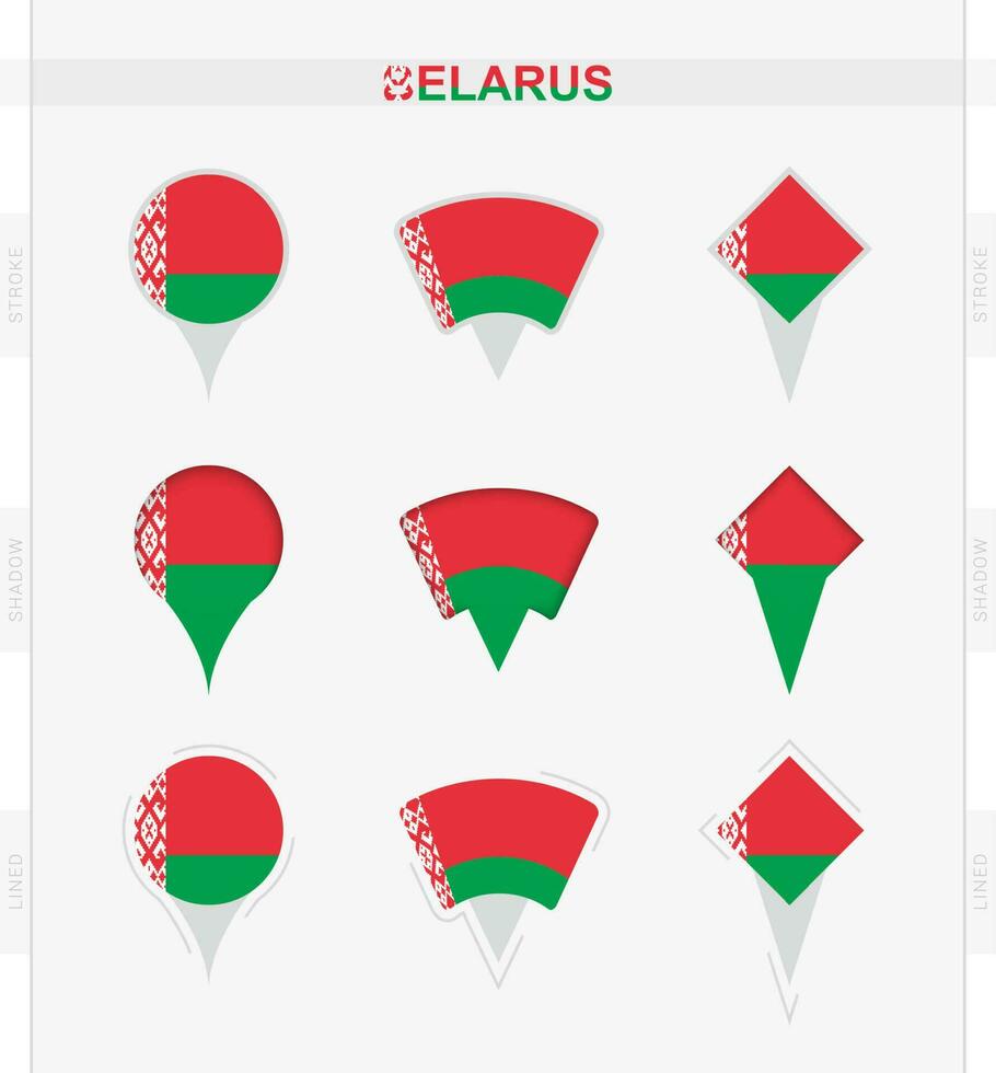 Belarus flag, set of location pin icons of Belarus flag. vector