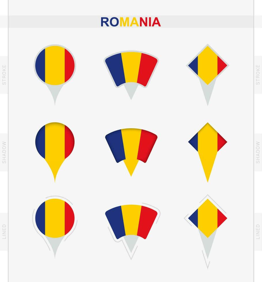 Rumania bandera, conjunto de ubicación alfiler íconos de Rumania bandera. vector