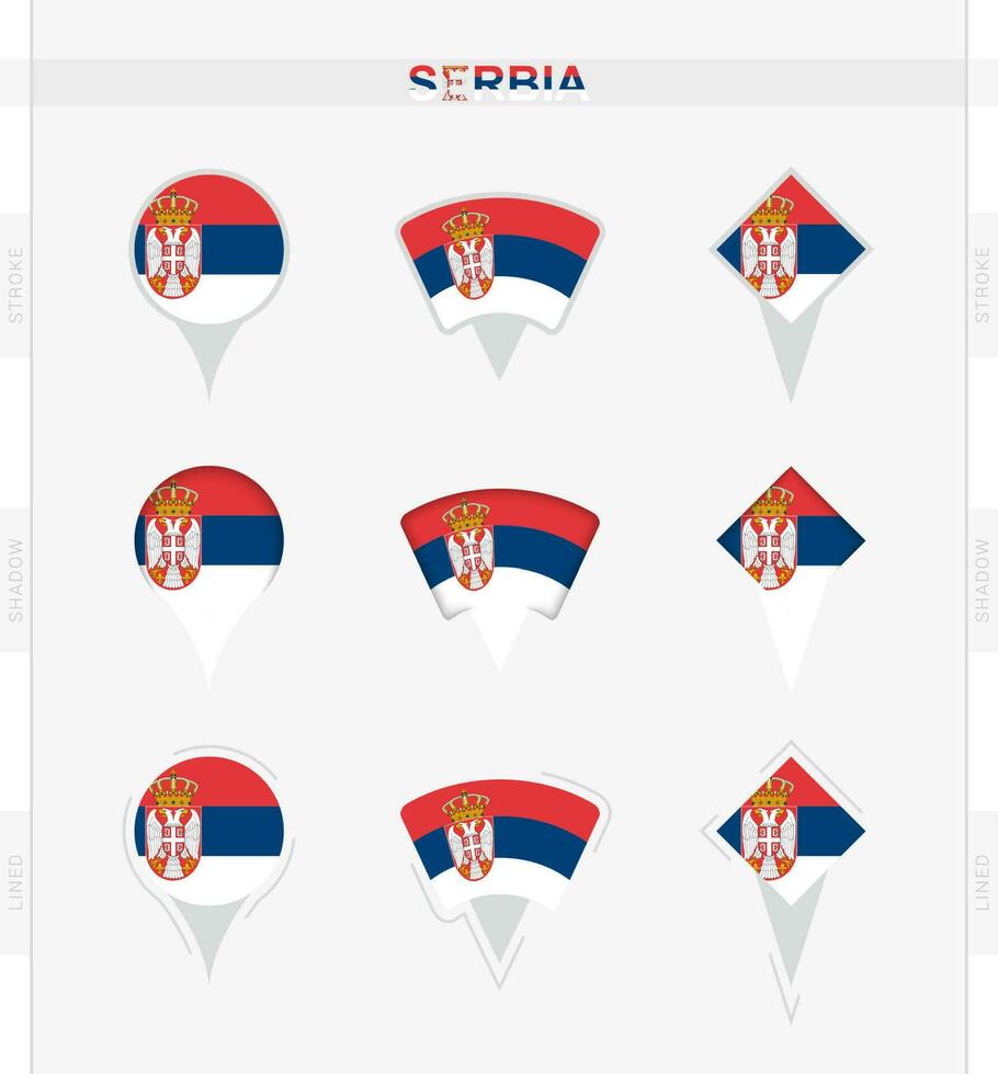 serbia bandera, conjunto de ubicación alfiler íconos de serbia bandera. vector