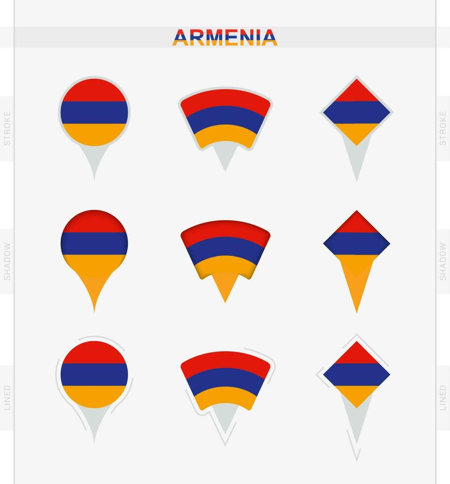 Armenia bandera, conjunto de ubicación alfiler íconos de Armenia bandera. vector