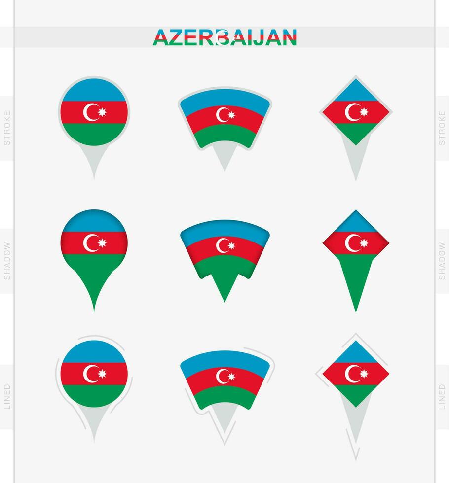 Azerbaijan flag, set of location pin icons of Azerbaijan flag. vector