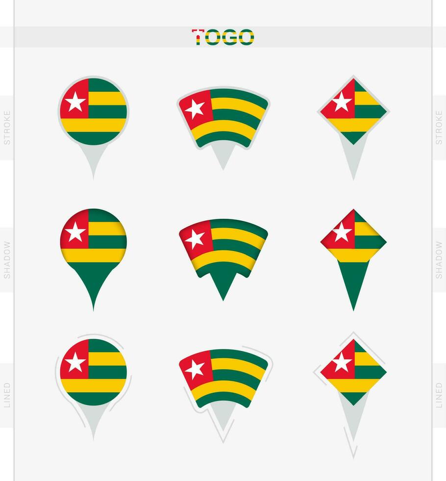Togo flag, set of location pin icons of Togo flag. vector