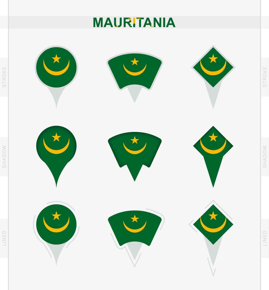 Mauritania flag, set of location pin icons of Mauritania flag. vector