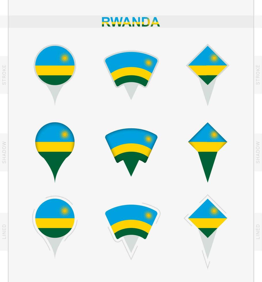 Ruanda bandera, conjunto de ubicación alfiler íconos de Ruanda bandera. vector