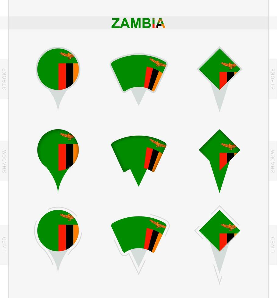 Zambia bandera, conjunto de ubicación alfiler íconos de Zambia bandera. vector