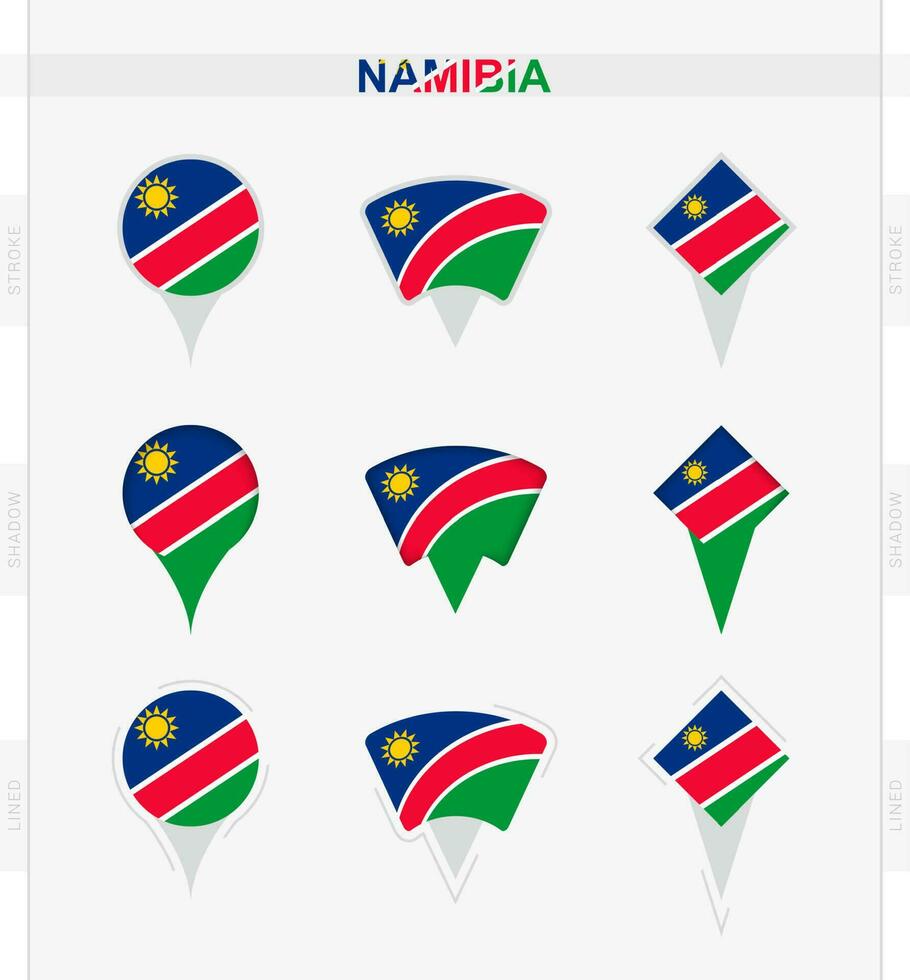 Namibia bandera, conjunto de ubicación alfiler íconos de Namibia bandera. vector