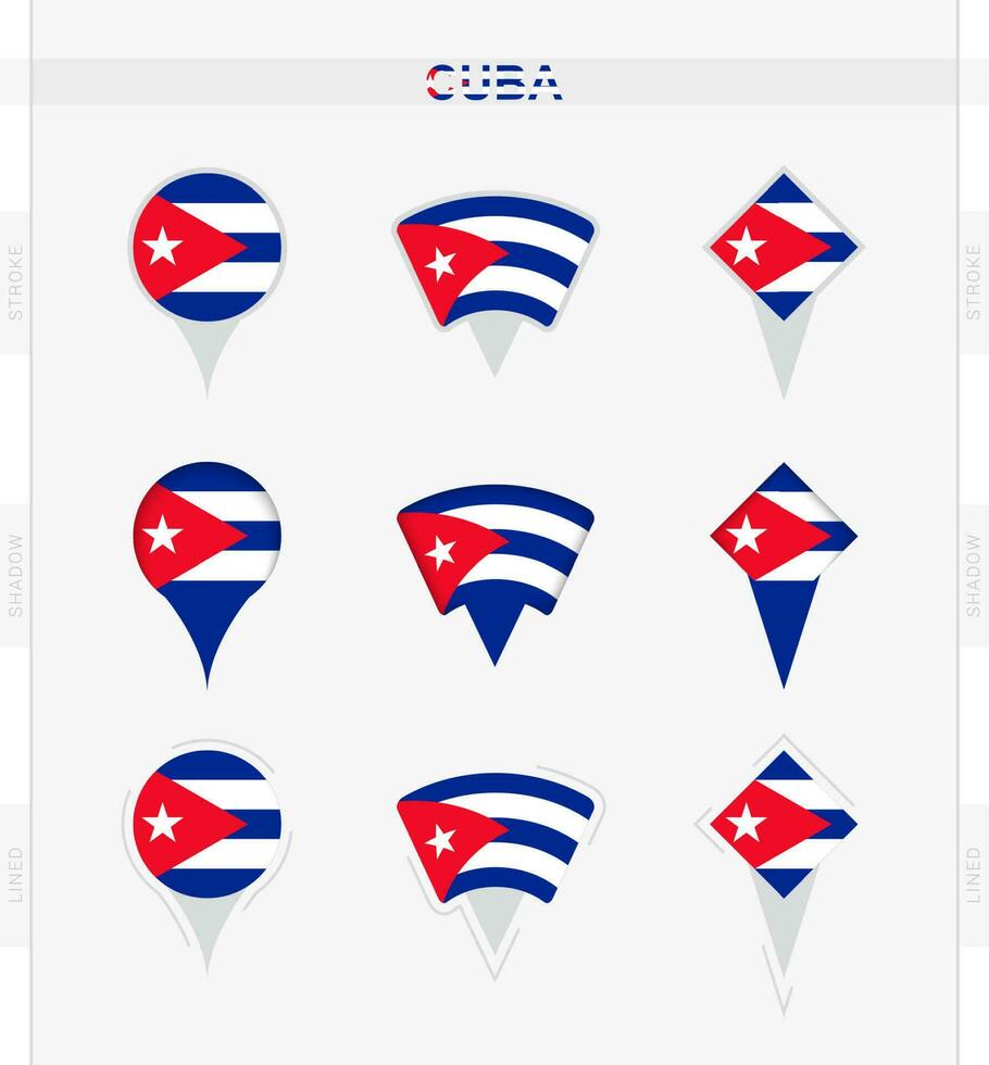 Cuba bandera, conjunto de ubicación alfiler íconos de Cuba bandera. vector