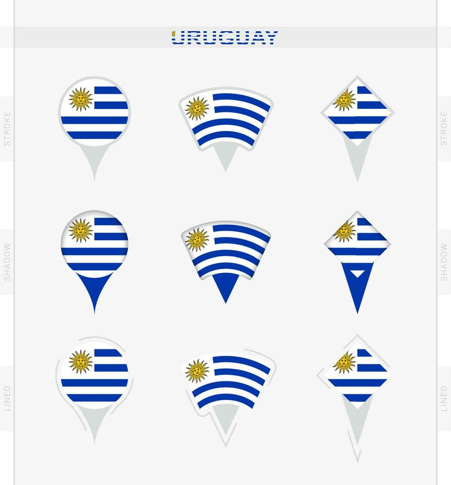 Uruguay bandera, conjunto de ubicación alfiler íconos de Uruguay bandera. vector
