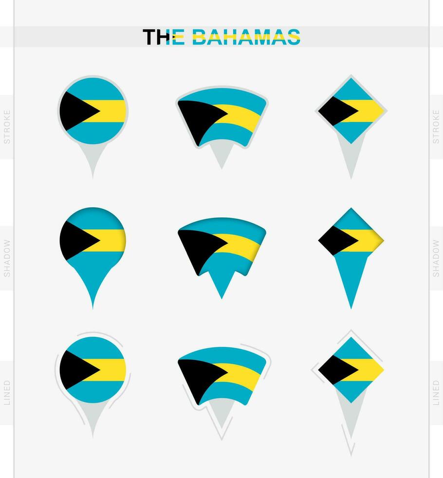 The Bahamas flag, set of location pin icons of The Bahamas flag. vector