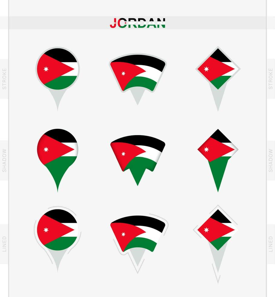 Jordán bandera, conjunto de ubicación alfiler íconos de Jordán bandera. vector