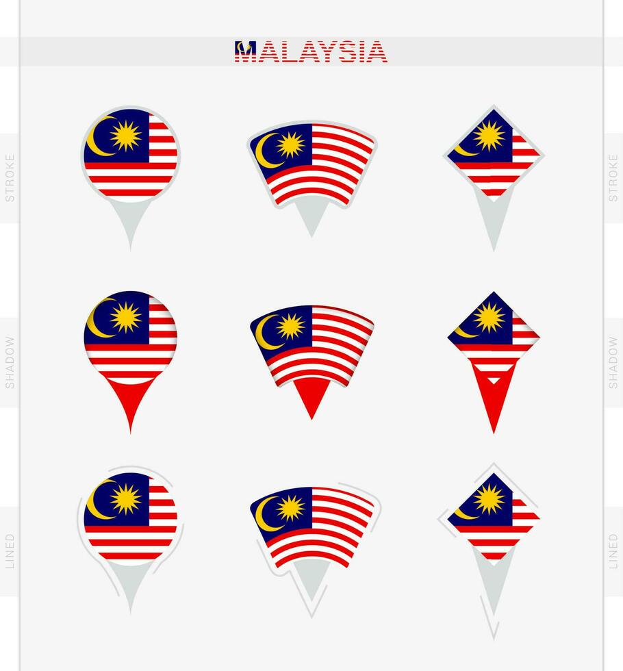 Malaysia flag, set of location pin icons of Malaysia flag. vector