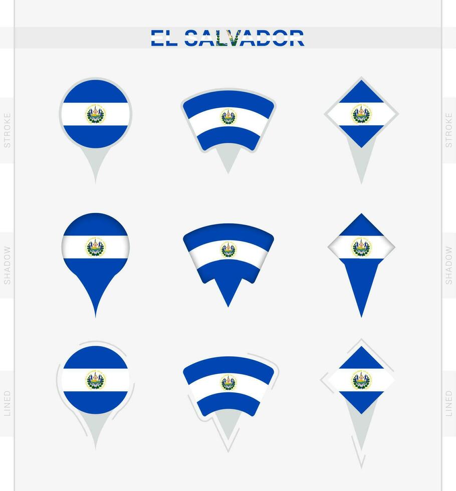 El Salvador flag, set of location pin icons of El Salvador flag. vector