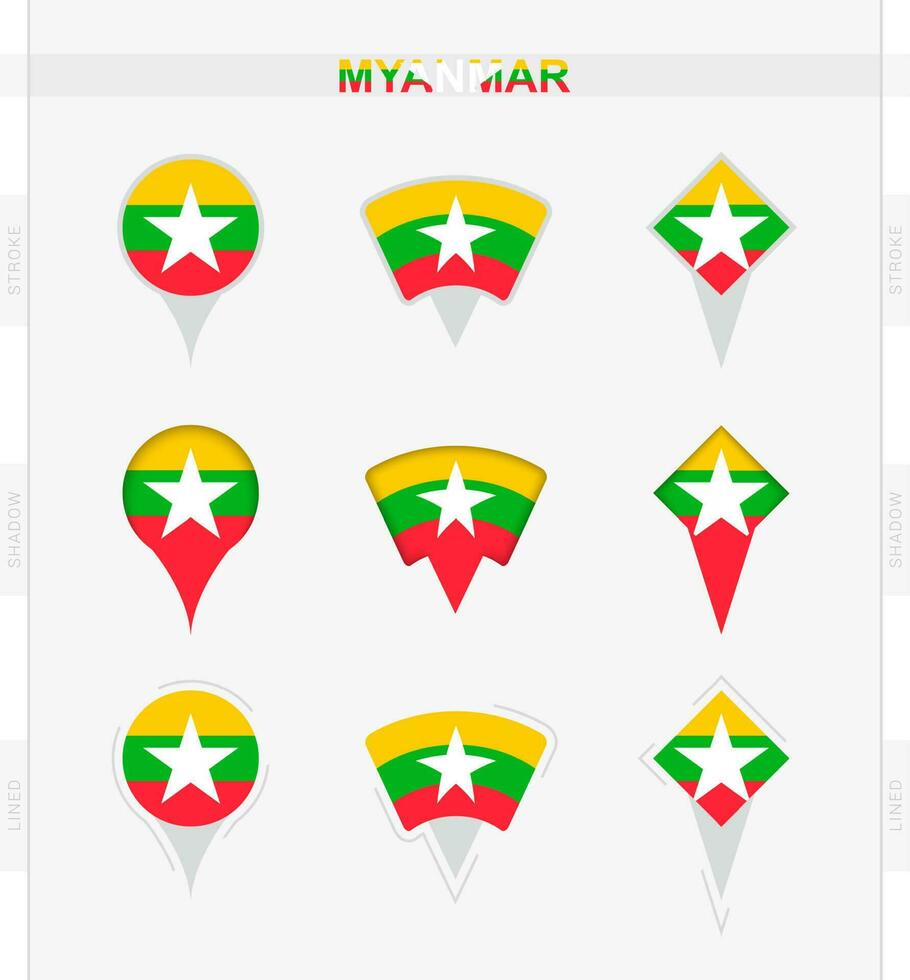 Myanmar flag, set of location pin icons of Myanmar flag. vector