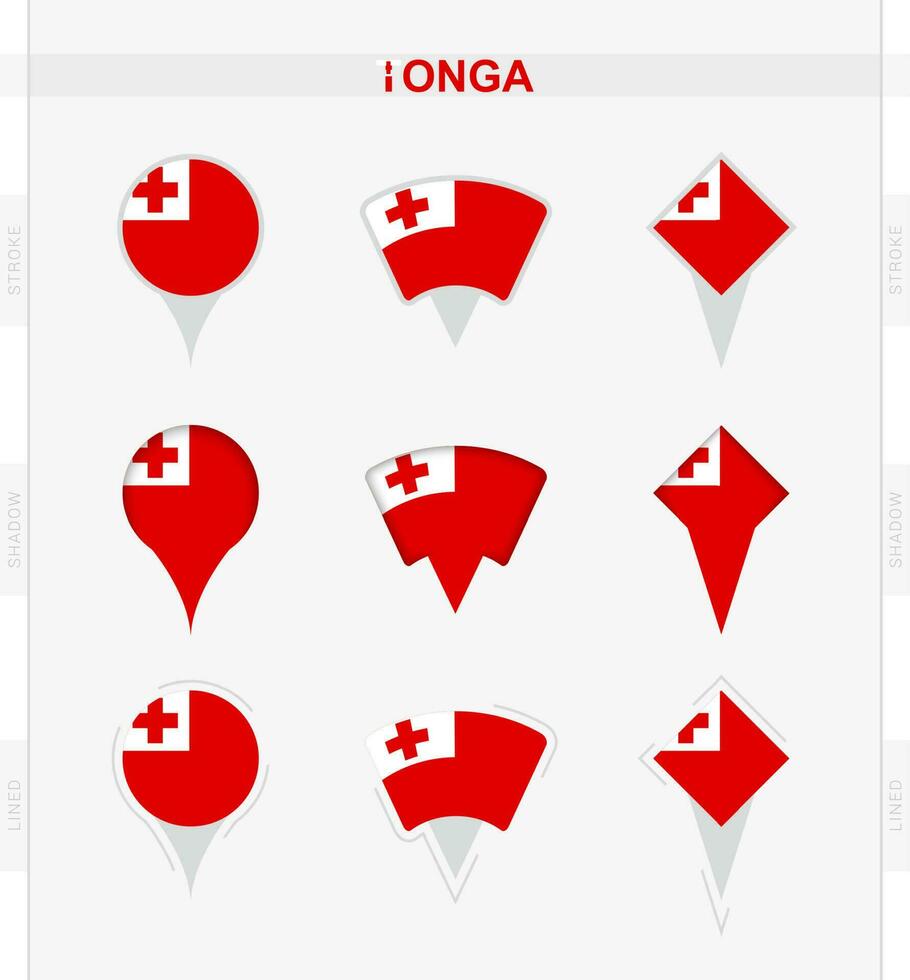 Tonga flag, set of location pin icons of Tonga flag. vector