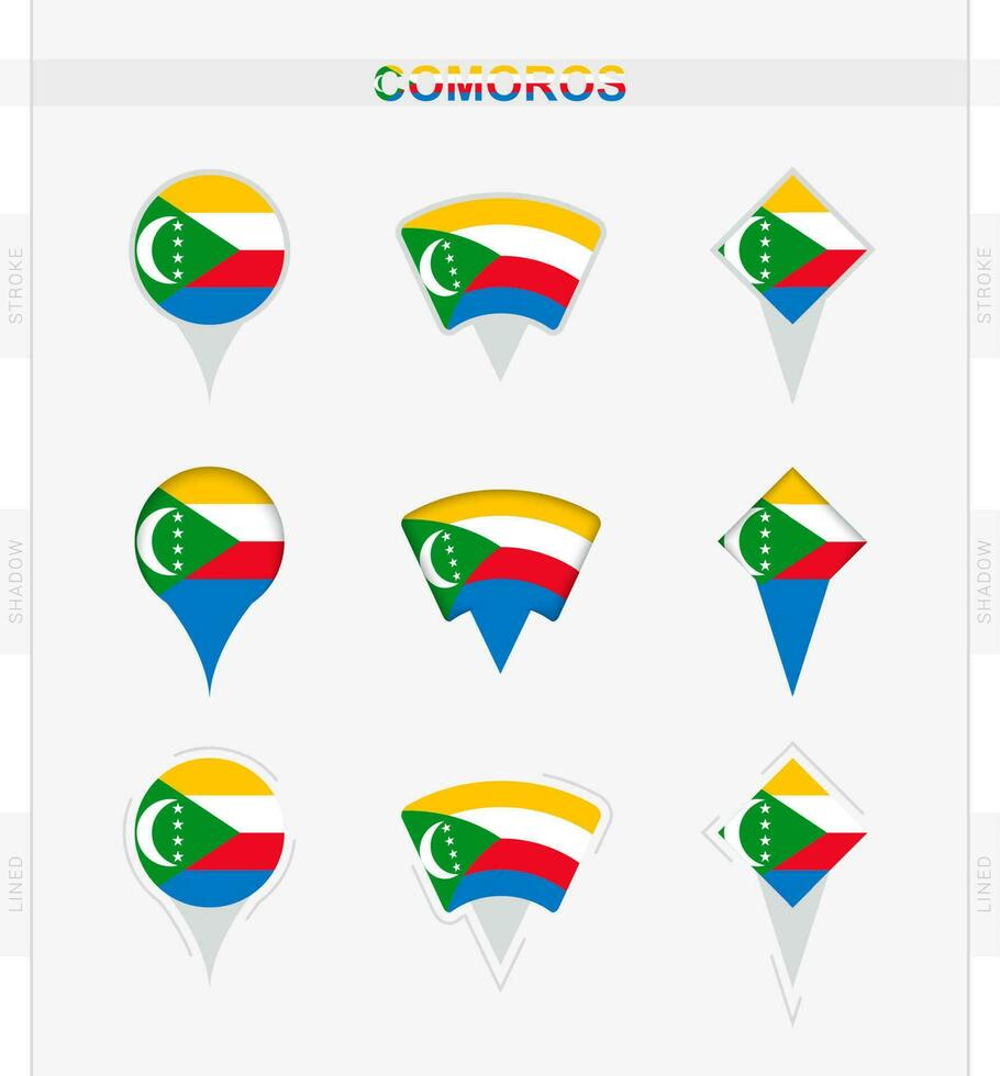 comoras bandera, conjunto de ubicación alfiler íconos de comoras bandera. vector