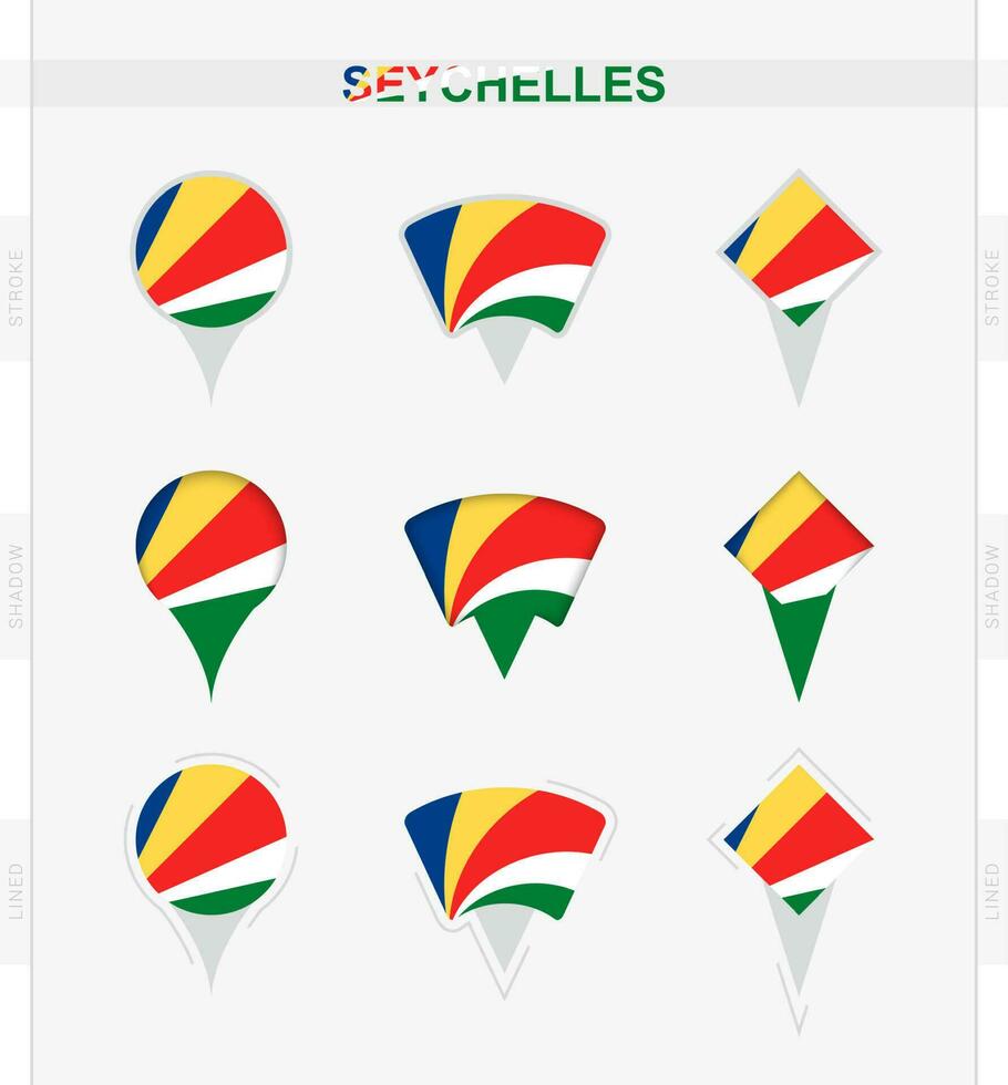 Seychelles flag, set of location pin icons of Seychelles flag. vector