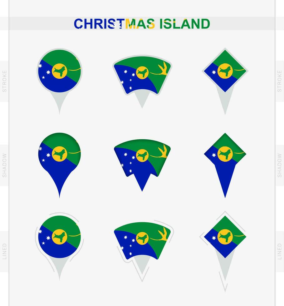 Navidad isla bandera, conjunto de ubicación alfiler íconos de Navidad isla bandera. vector