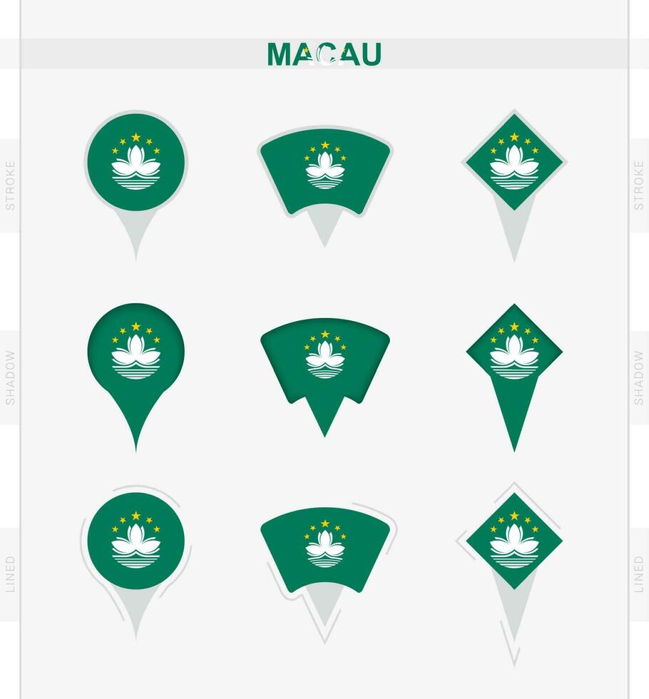 Macau flag, set of location pin icons of Macau flag. vector