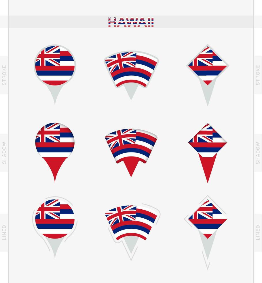 Hawaii flag, set of location pin icons of Hawaii flag. vector