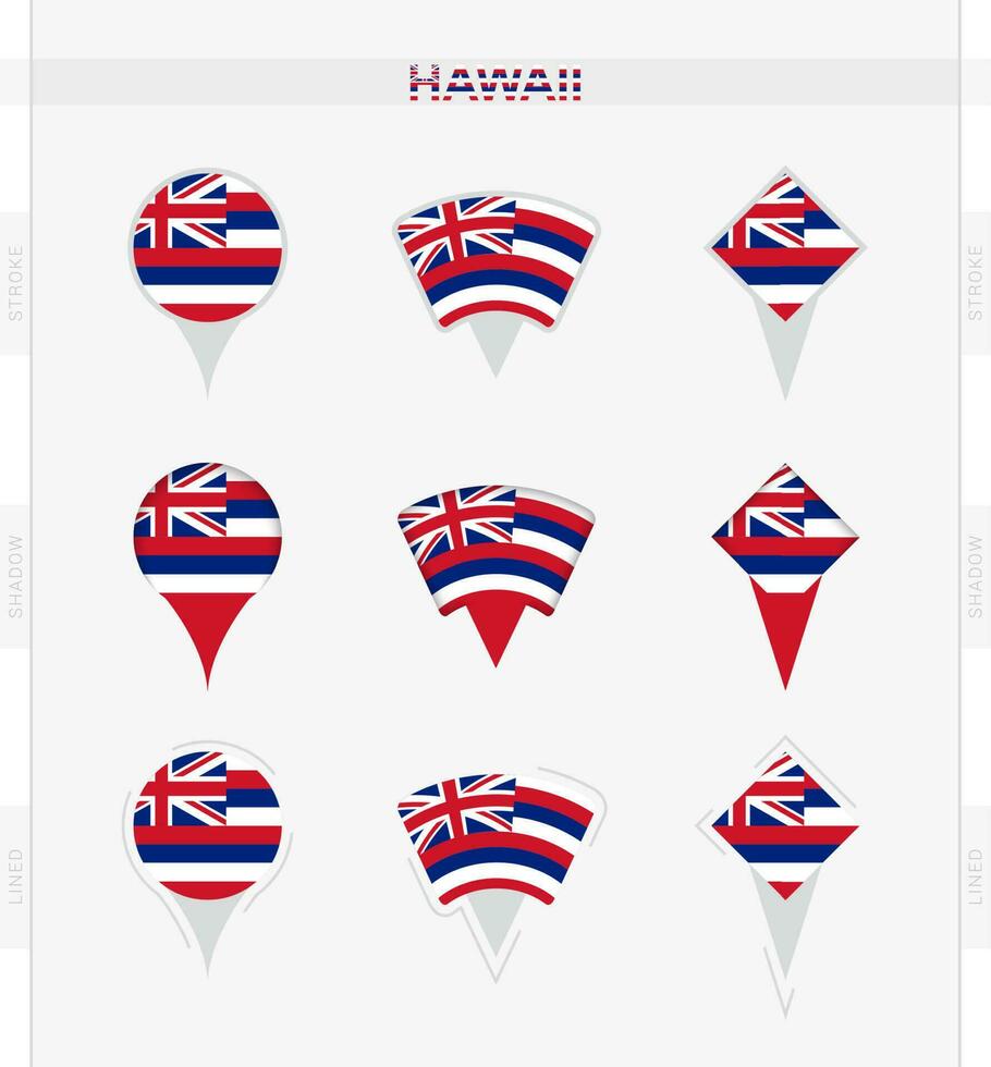 Hawai bandera, conjunto de ubicación alfiler íconos de Hawai bandera. vector