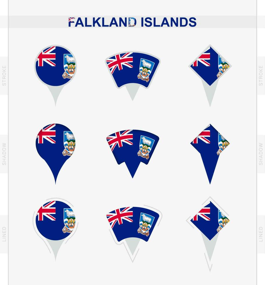 Malvinas islas bandera, conjunto de ubicación alfiler íconos de Malvinas islas bandera. vector