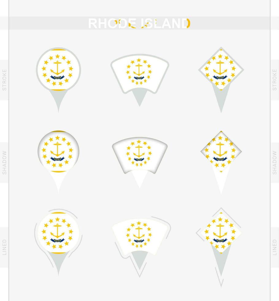 Rhode Island flag, set of location pin icons of Rhode Island flag. vector