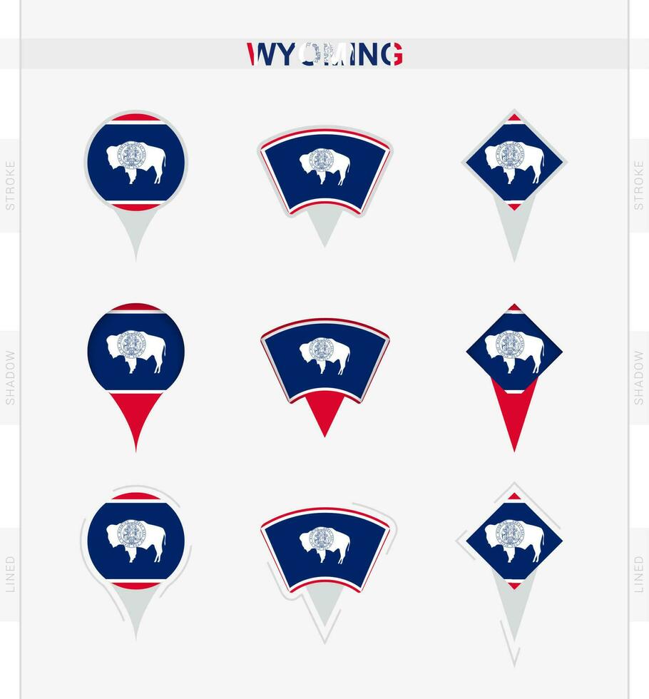Wyoming flag, set of location pin icons of Wyoming flag. vector