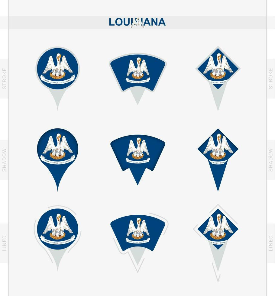 Louisiana flag, set of location pin icons of Louisiana flag. vector