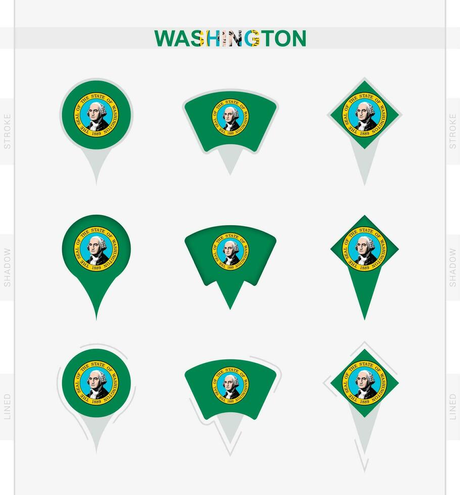 Washington flag, set of location pin icons of Washington flag. vector