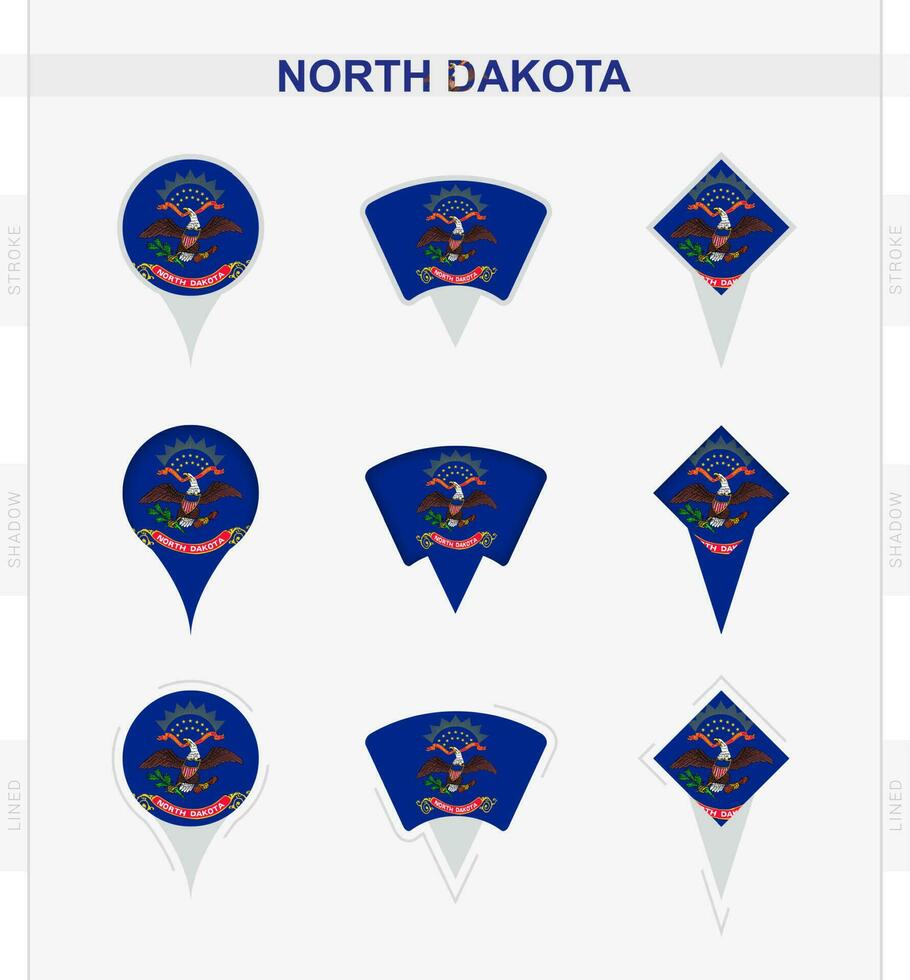 norte Dakota bandera, conjunto de ubicación alfiler íconos de norte Dakota bandera. vector