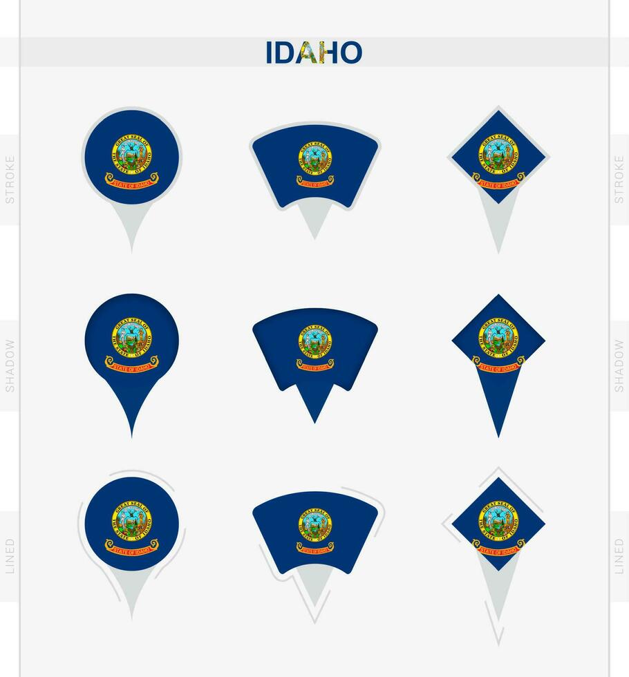 Idaho flag, set of location pin icons of Idaho flag. vector