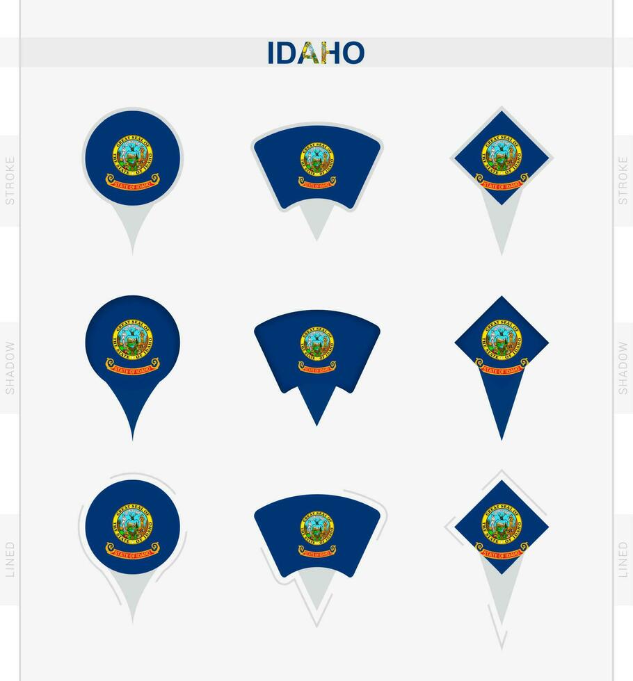 Idaho bandera, conjunto de ubicación alfiler íconos de Idaho bandera. vector