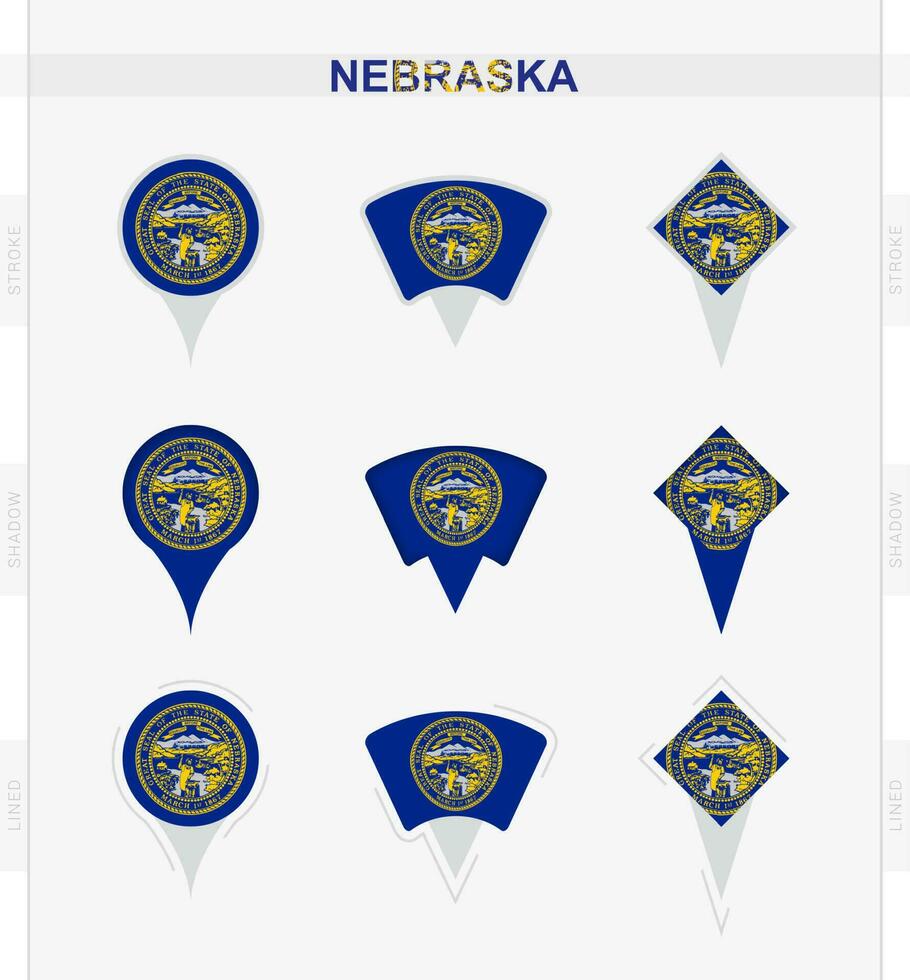 Nebraska flag, set of location pin icons of Nebraska flag. vector