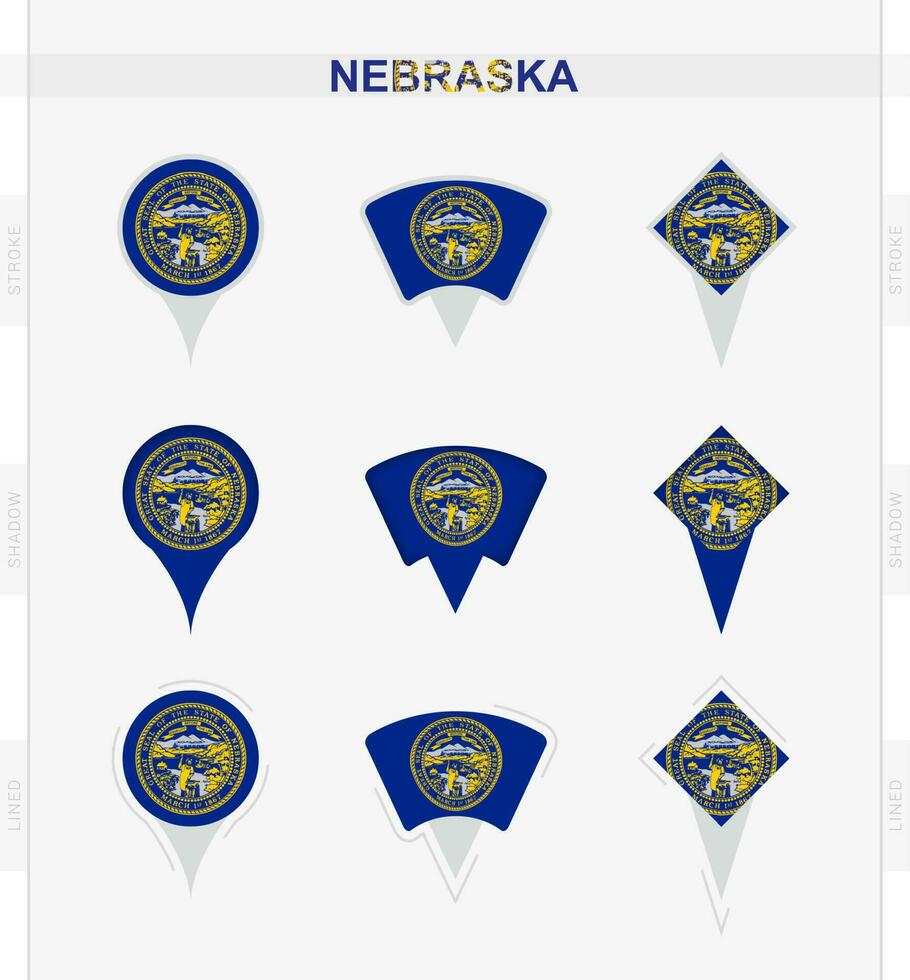 Nebraska bandera, conjunto de ubicación alfiler íconos de Nebraska bandera. vector