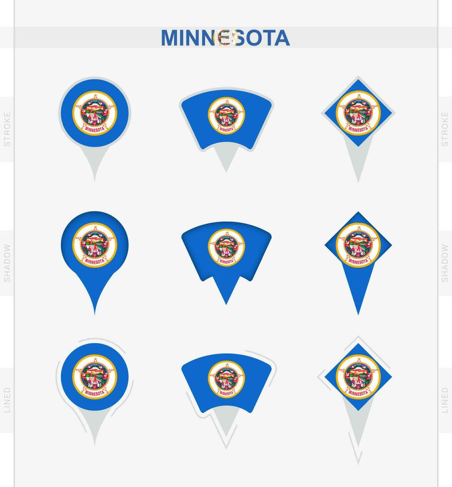 Minnesota bandera, conjunto de ubicación alfiler íconos de Minnesota bandera. vector