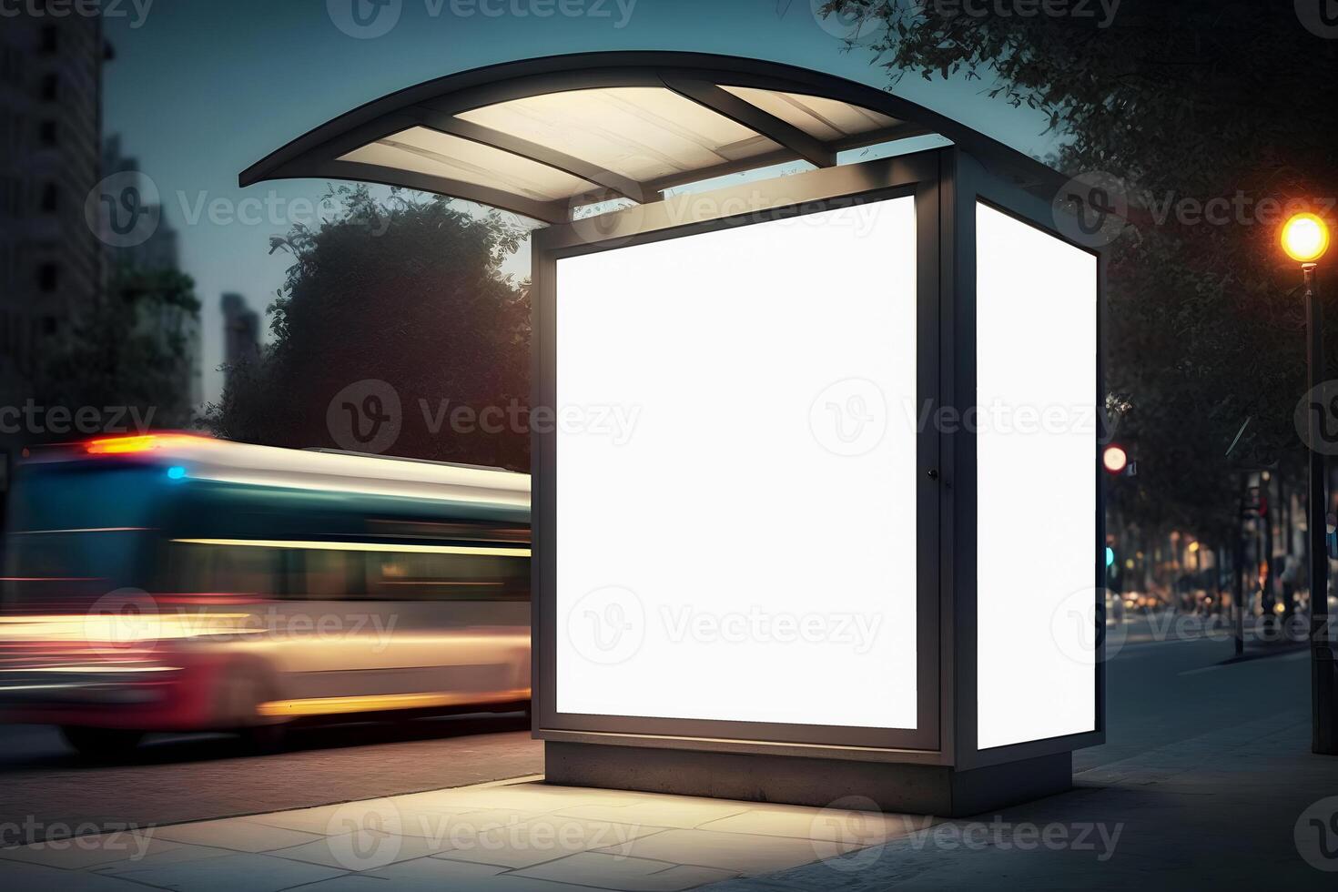 content, Blank white mock up of vertical light box in a bus stop at night photo